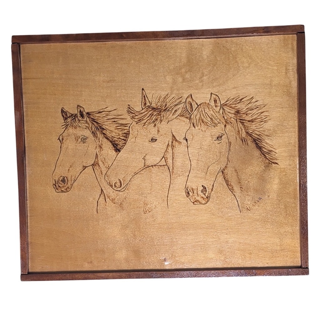 Y2K Wood Burned Horse Wall Art Pyrography Signed Western Decor 2009 12x10